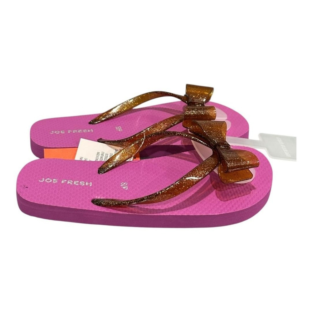 Joe Fresh Flip Flop Sandals Girls Size 12.5 Pink Glitter Bow Beach Shoes Summer
